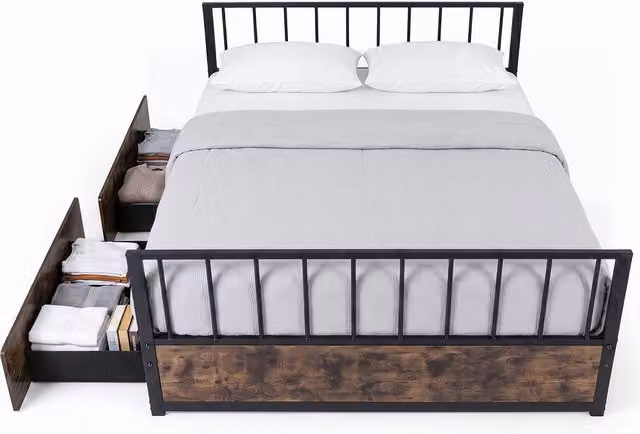 Gymax Industrial Metal Platform Bed Frame with 2 Drawers, Black, 140 x 200 cm – 1
