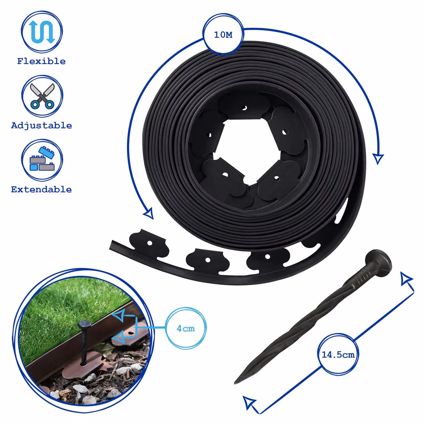 Harbour Housewares 30m Flexible Plastic Lawn Edging Path Grass Border with Plastic Pegs in Black – 3