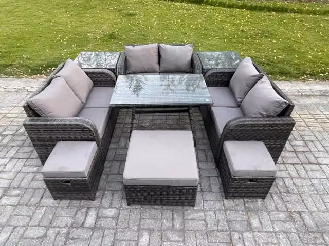 Fimous Dark Grey Mixed Outdoor Rattan Garden Furniture Set with Rectangular Dining Table, 3 Footstools and 2 Side Tables