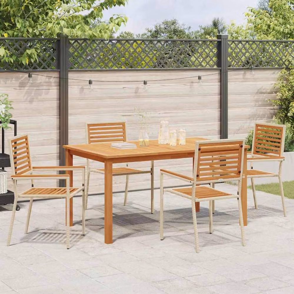 Berkfield Home Modern 5 Piece Garden Dining Set in Beige Poly Rattan and Acacia Wood – 3