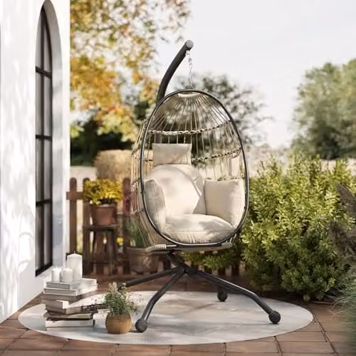 Outsunny Hanging Egg Chair with Ottoman and Cushions, Beige Rattan Swing Chair with Metal Frame, W/D/H: 120 x 88 x 192 cm – 7