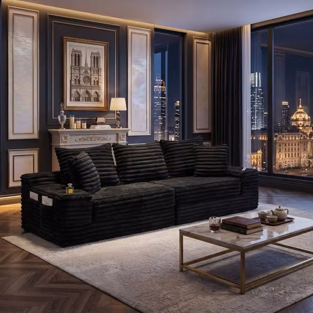 FENCHILIN Modular Convertible Sleeper Sofa with Cup Holders and Side Pockets in Black