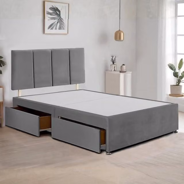 Bed Time UK Plush Divan Bed Frame with 2 Drawers and 20 Inch Vertical Line Headboard in Grey, Size: Single, W/D/H: 90 x 190 cm