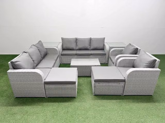 Fimous PE Rattan High Back Lounge Sofa Set in Light Grey with 3 Seater Sofa, Reclining Chair, 2 Ottomans, Coffee Table and 2 Side Tables