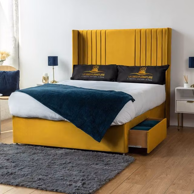 UK Bed Furniture Skyline Wingback Divan Bed with 2 Drawers and 54 Headboard in Mustard Yellow Velvet, Size: Double (140 x 200 cm)