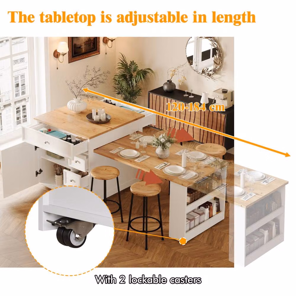 Merax White Extendable Kitchen Island Dining Table, W/D/H: 120 x 70 x 94 cm to 184 x 70 x 94 cm – 5