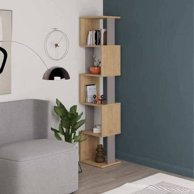 Decortie Piri Modern Five Tier Bookcase in Grey and Brown, H 161 cm x W 30 cm x D 30 cm