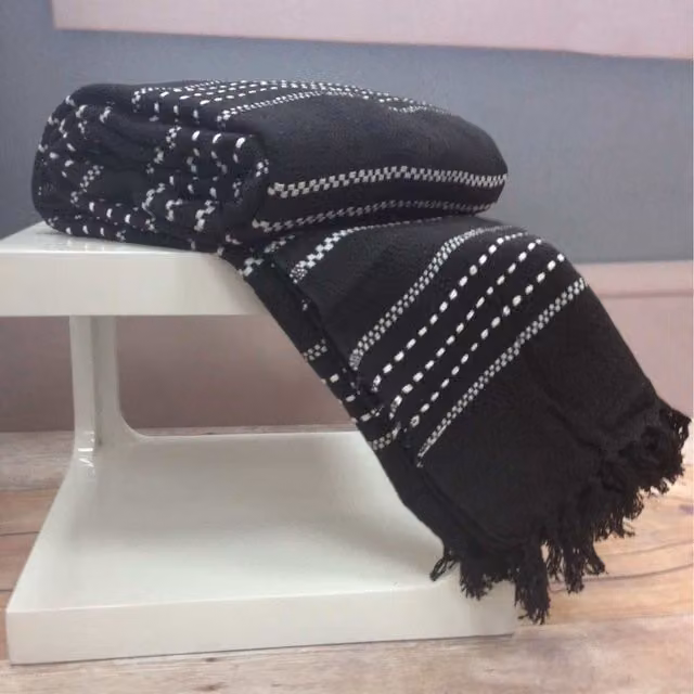 Rapport Home Stitch Stripe Woven Cotton Throw with Fringes, Black, W: 254 cm, D: 229 cm