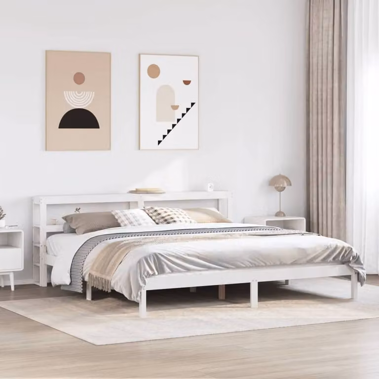 Berkfield Home White Rustic Solid Wood Pine Bed Frame with Side Compartments 200 x 200 cm
