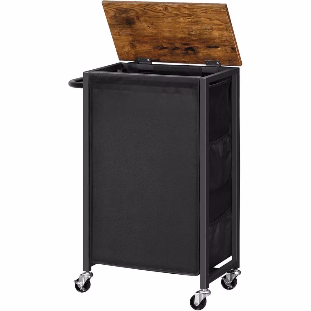 FURNOS Industrial Laundry Basket Trolley with Shelf, Lid and Wheels in Black, W/D/H: 74 x 40 x 43.4 cm – 4