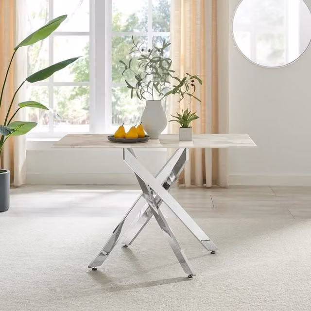 FurnitureboxUK Leonardo 4-Seater Rectangular Dining Table with White Marble Effect Glass Top and Silver Metal X-Frame Legs