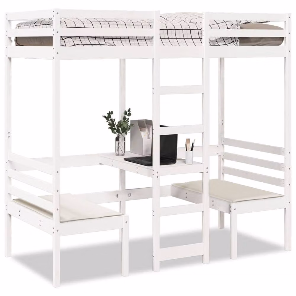 Berkfield Home Loft Bed Frame with Desk and Chairs in White Solid Pine, W/D/H: 90 x 200 cm