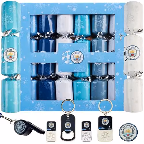 Manchester City F.C. Luxury Christmas Crackers, Pack of 6 Blue and Multicolour Festive Party Crackers with Football Collectibles