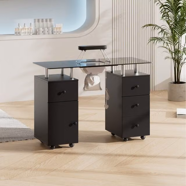 Komore Professional Mobile Salon Nail Table with Built-in Dust Collector and Glass Top, Black