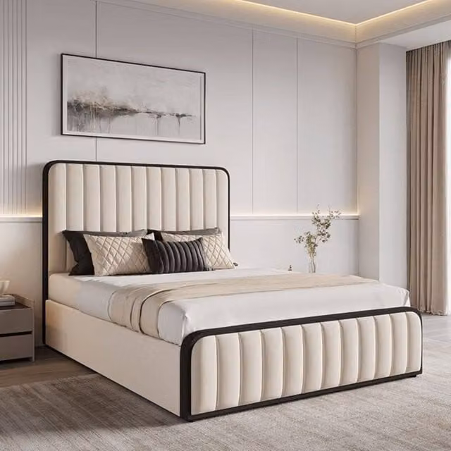Modish Furnishing Olivia Cream Velvet Ottoman Storage Bed with Black Fabric Edges, W/D/H: 140 x 200 cm – 1