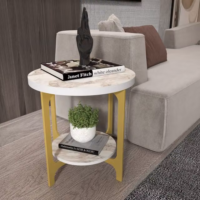 Decorotika Versy Round Side End Table in White and Gold