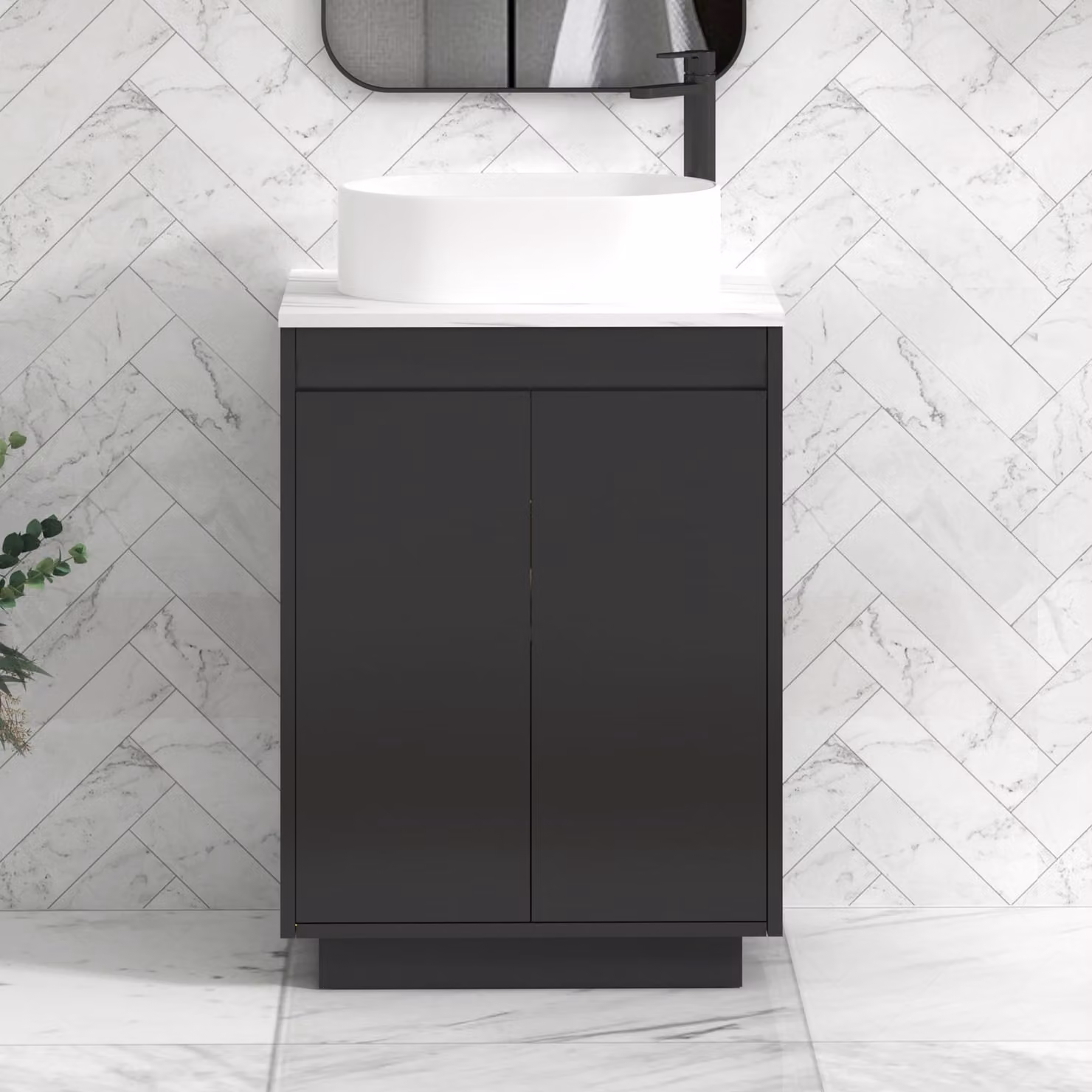 Royal Bathrooms Orion 600mm Matt Obsidian Black Floor Standing 2 Door Vanity Unit with Peak Basin and Black Accent Trim