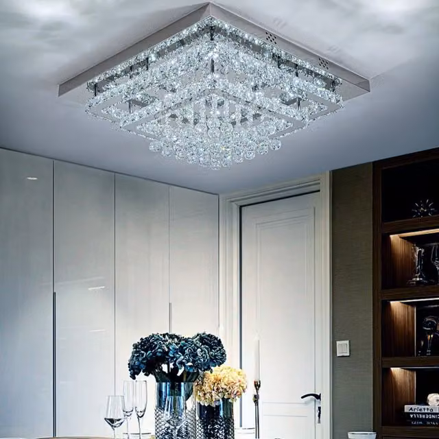 Livingandhome Double Layer Crystal Pendant Light in Silver, Diameter: 60 cm