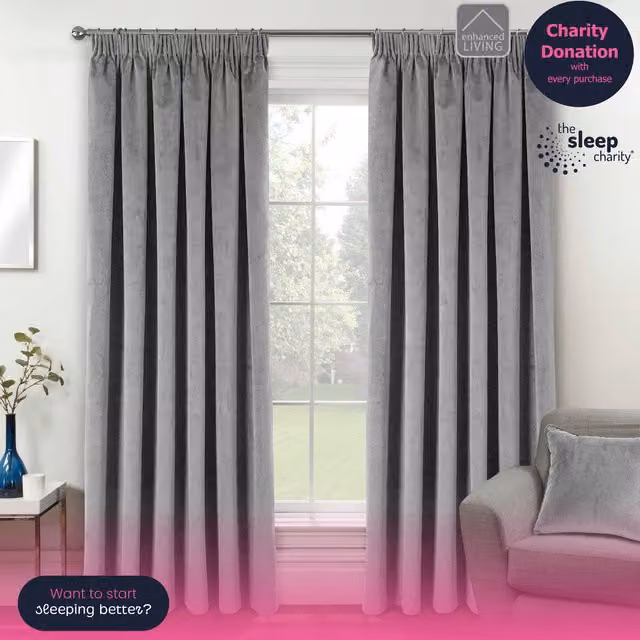 Enhanced Living Oxford Grey Blackout Velvet Supersoft Pencil Pleat Tape Top Curtains, W: 117 cm, H: 183 cm (Pair)