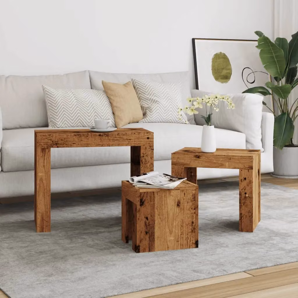Berkfield Home Nesting Coffee Tables, 3 Piece Set in Brown Old Wood Engineered Wood – 3