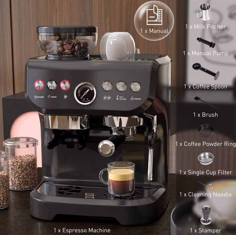 STILVORA 3-in-1 Coffee Machine with Grinder, Milk Frother and Hot Water Function in Black – 8