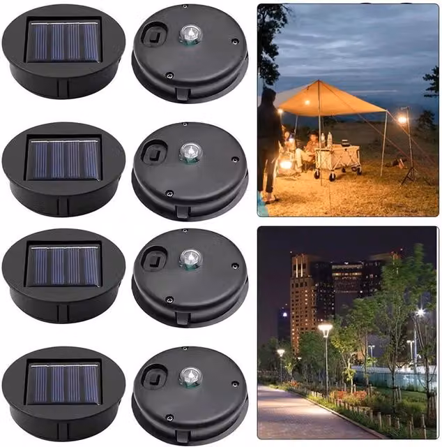 VOGREX 4-Piece Black Plastic Solar Light Replacement Tops with Warm White LED Bulbs – 1