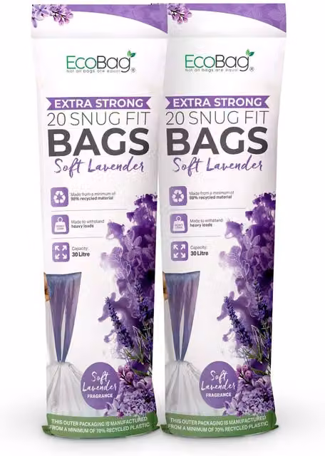 EcoBag Lavender Scented Kitchen Drawstring Bin Liners, White and Purple, 30L
