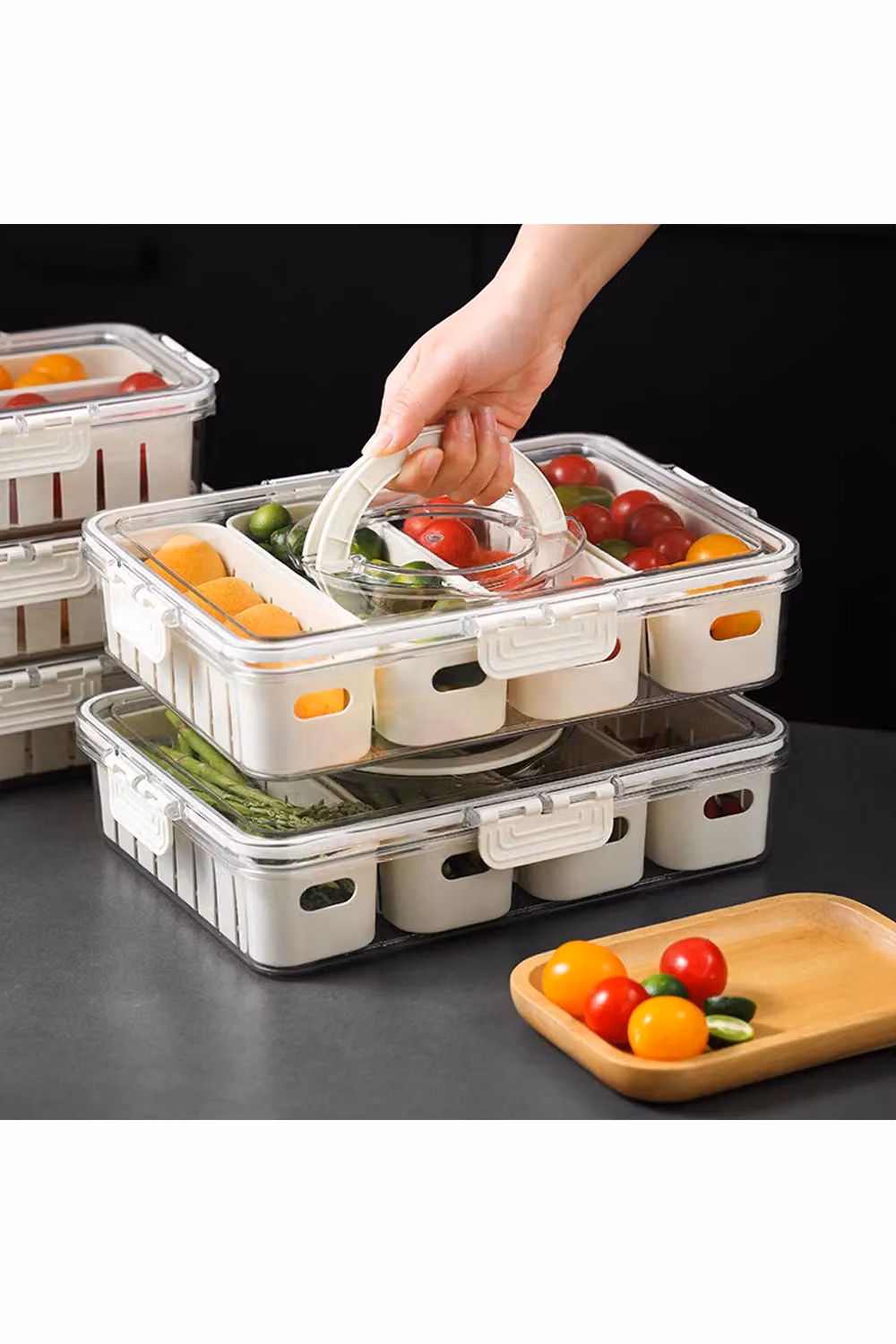 Living and Home White 4-Compartment Detachable Fridge Storage Container with Airtight Lid and Handles – 4