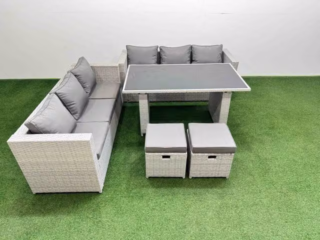 Fimous 8-Seater Patio Rectangular Table and Sofa Set with 2 Small Stools in Light Grey