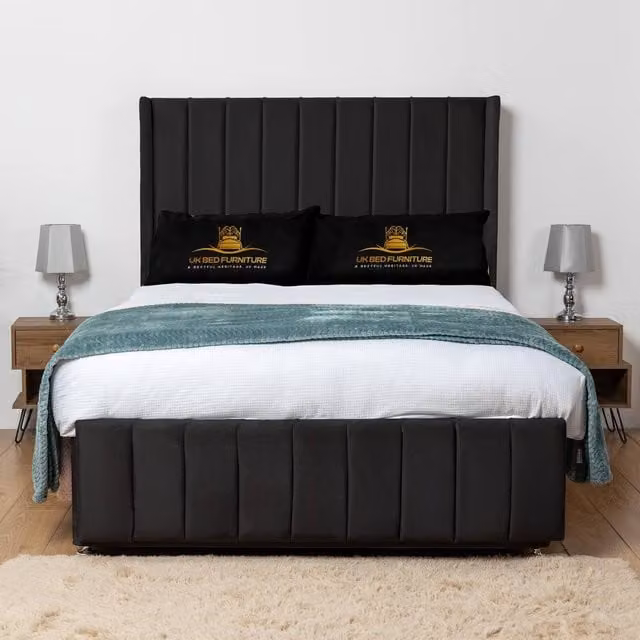 UK Bed Furniture Arizona Wingback Divan Bed Base with 54 Inch Headboard, Black, King, W/D: 180 x 200 cm