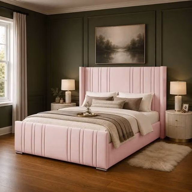 Desire Deco Luxury Gerald Wingback Upholstered Bed Frame in Pink Velvet, W/D/H: 120 x 200 cm