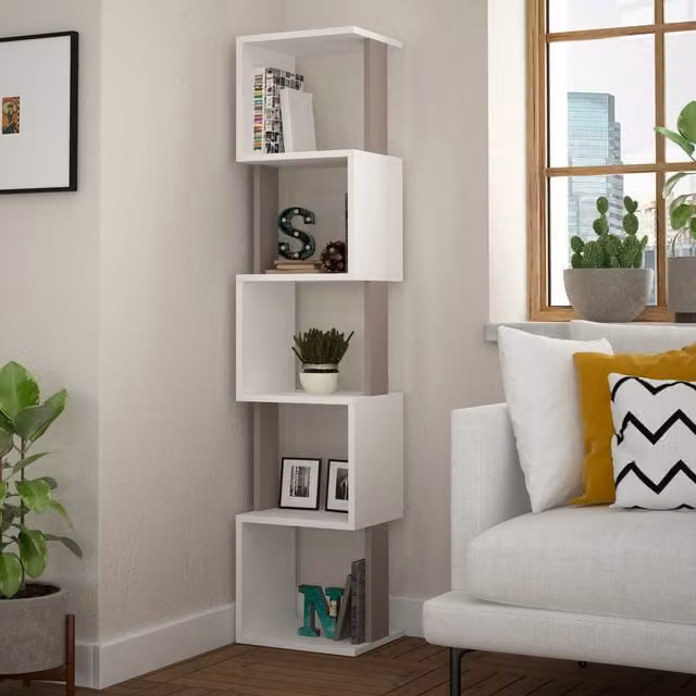 Decortie Piri Modern Five Tier Geometric Bookcase Display Unit in White and Anthracite, H 161 cm x W 30 cm – 1