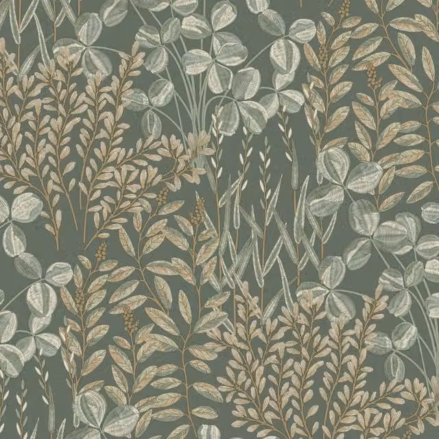 Grandeco Inia Stitched Embroidery Foliage Textured Wallpaper in Deep Sage, Gold, Beige and Green