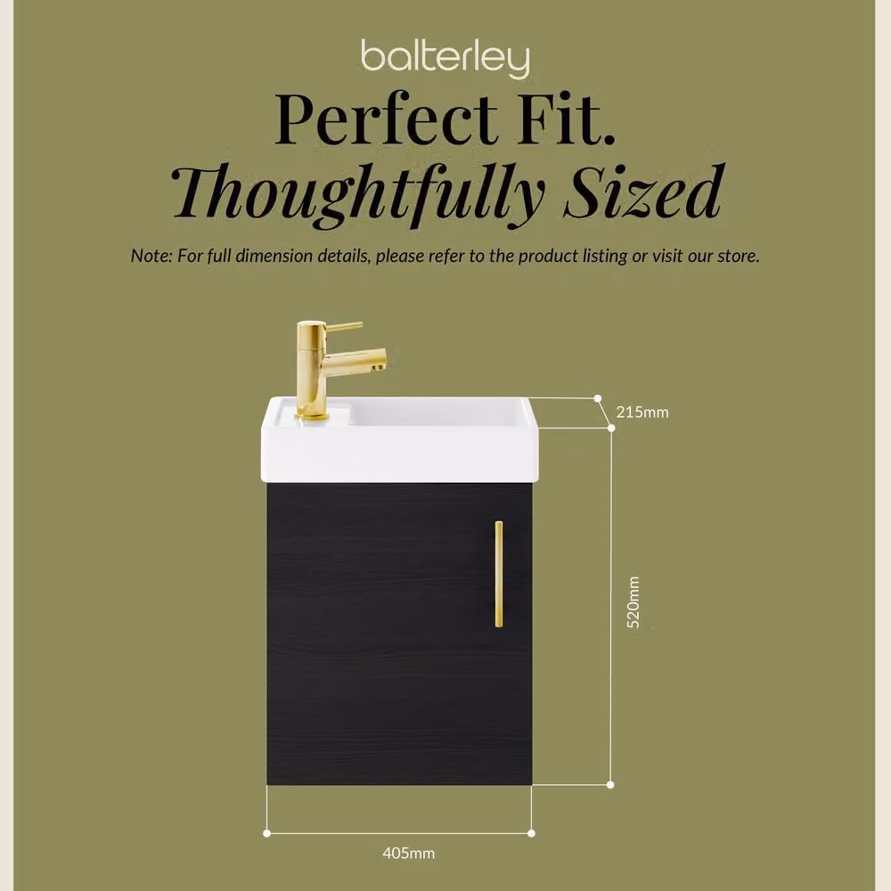 Balterley Wall Mounted Vanity Basin in Black with Brushed Brass Handle, W: 40 cm, H: 52 cm, D: 40 cm – 5