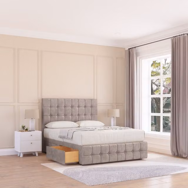 Sloomy Berlin Chesterfield Divan Bed Base with Floor Standing Headboard, Beige, W/D/H: 120 x 200 cm