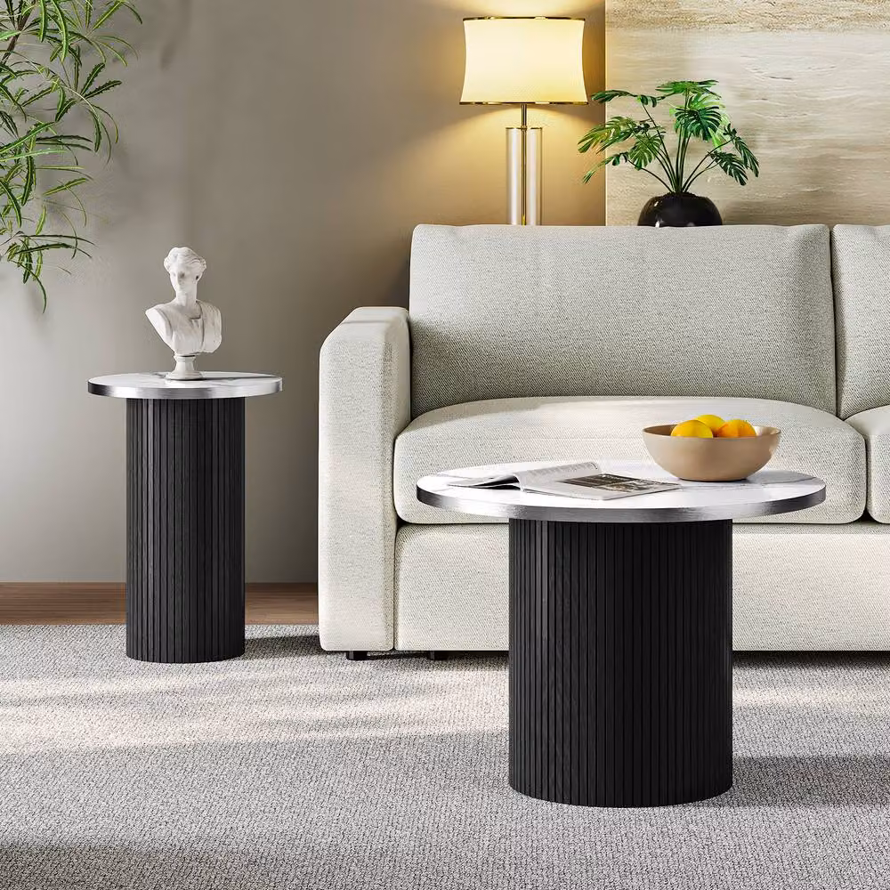 Dprodo Set of 2 Modern Round Black Marble Coffee Tables with Nested Tops – 4