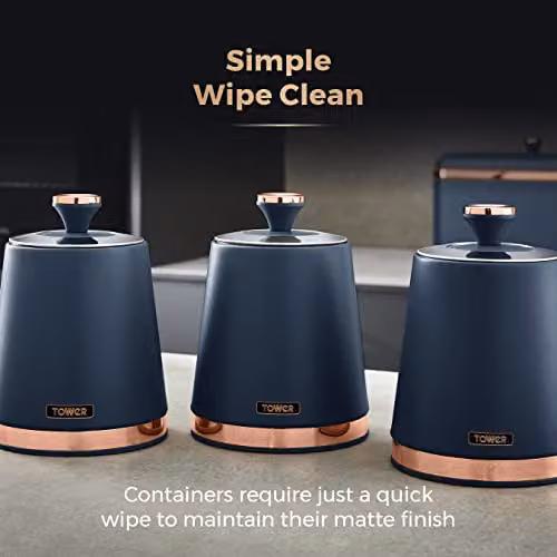 Tower Cavaletto Set of 3 Airtight Stainless Steel Storage Canisters for Tea, Coffee and Sugar, Blue and Rose Gold – 7