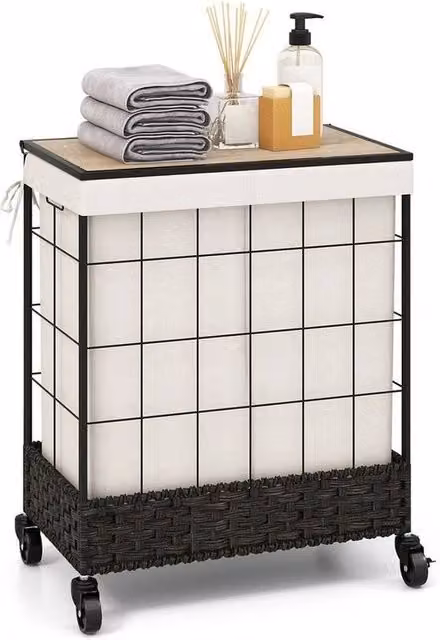 NESTLUNE Handwoven Black Laundry Hamper with Lid and Wheels, 130L Capacity, W/D/H: 67 x 42.1 x 66 cm