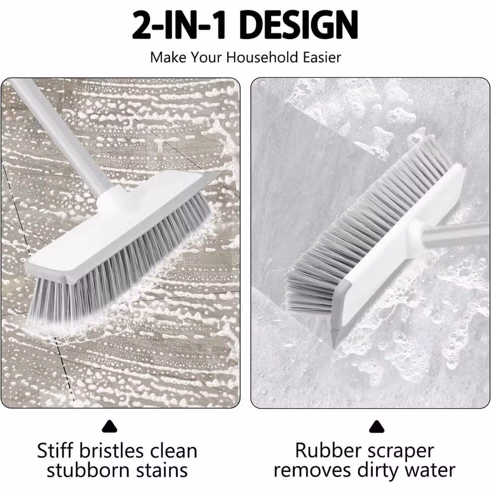 NESTLUNE Heavy Duty Floor Scrubbing Brush with Long Handle and Scraper, White, W/D/H: 15 x 15 x 100 cm – 3