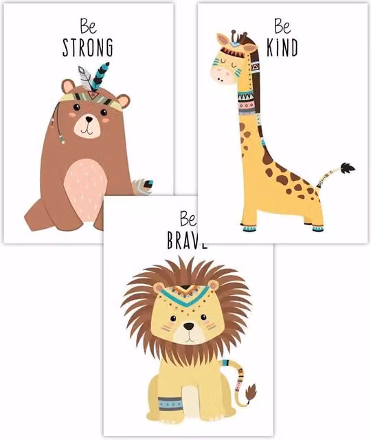 ARTZE Set of 3 Nursery Tribal Animal Quote Paper Posters in Yellow and Multicolour, W: 59 cm, H: 84 cm
