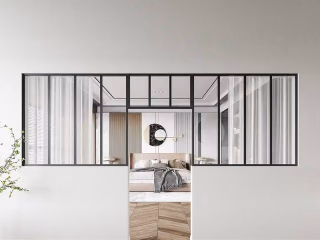 Vente-unique Set of 2 Modern Studio-Style Glass Panels in Black Powder Coated Aluminium, W/H: 120 x 105 cm