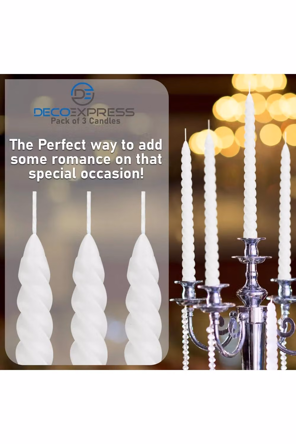 Deco Express White Twisted Non Drip Spiral Dinner Candles, Pack of 3 – 3