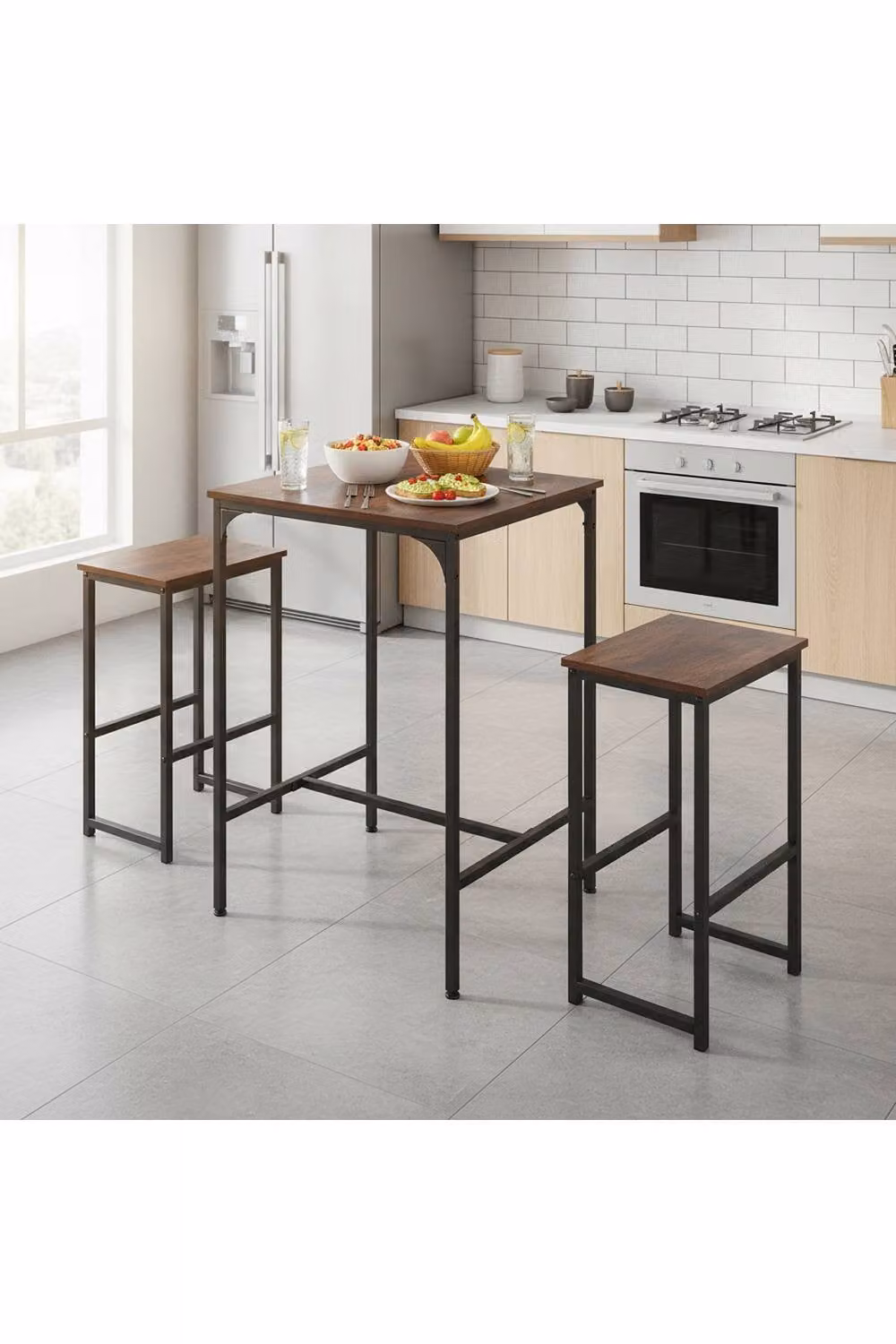 Living and Home 3-Piece Industrial Bar Table Set with Two Stools in Black and Brown – 2