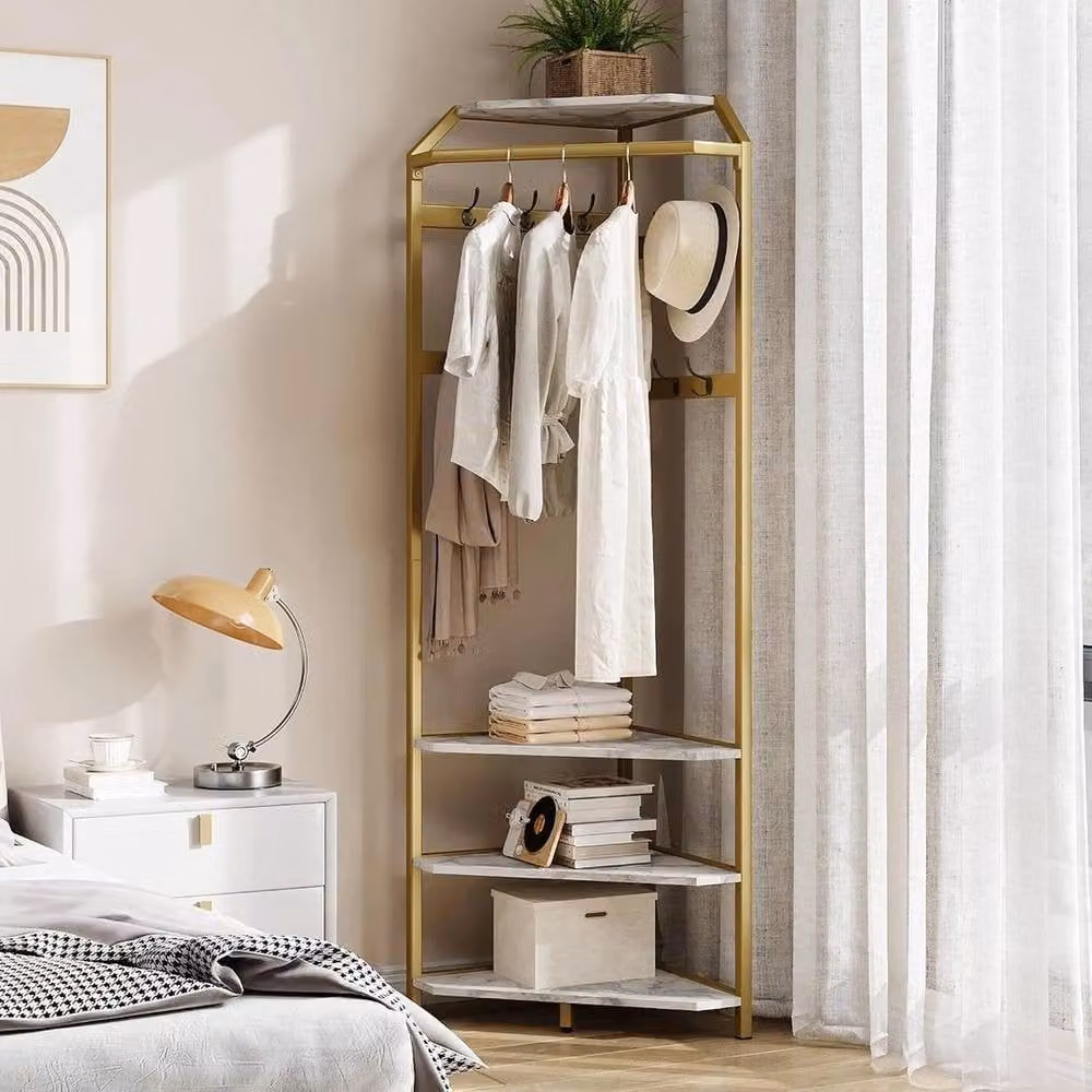 FORGEVIO Modern Gold Corner Coat Rack Hall Tree with Shoe Bench – 3