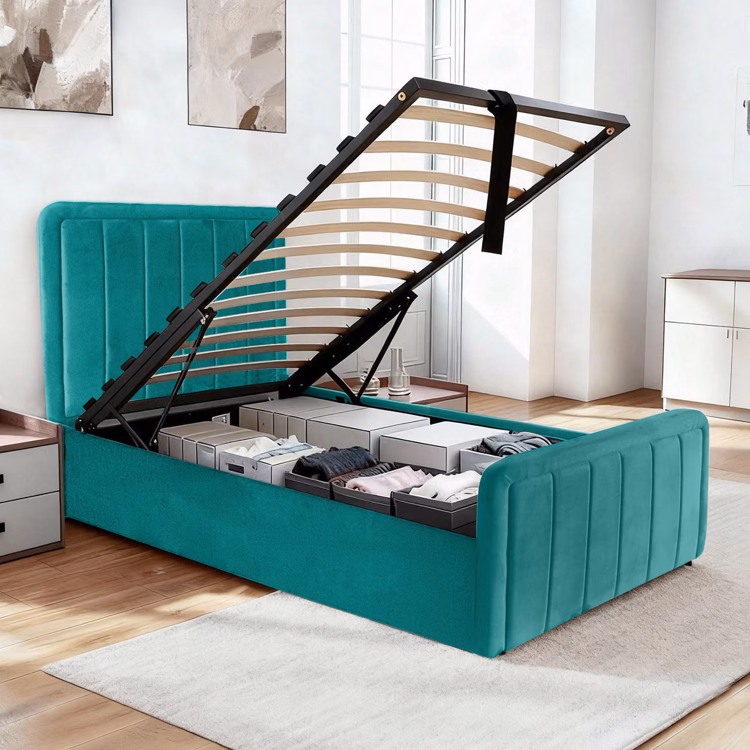 Comfy Living Green Velvet Ottoman Bed Frame with Lift Up Base and Solid Wood Construction, W/D/H: 90 x 190 cm – 2