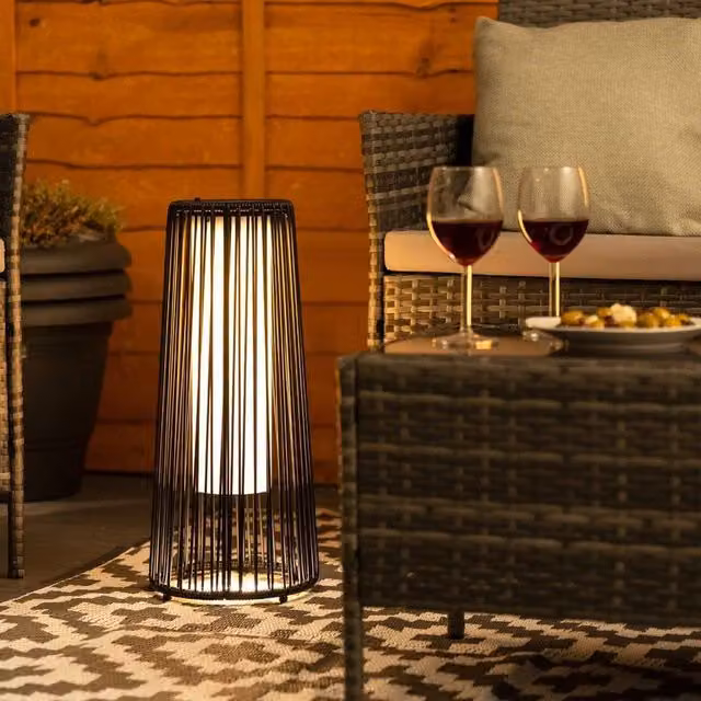ValueLights Black Rattan Solar Powered LED Outdoor Floor Lamp with Warm White Light