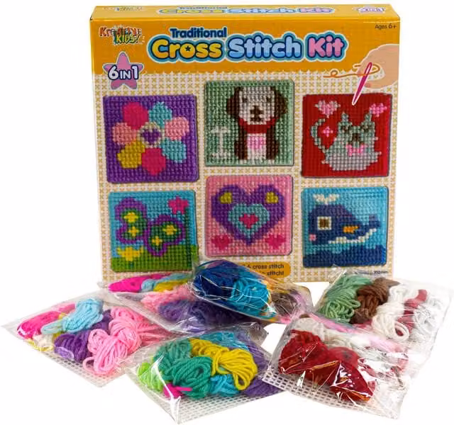 The Magic Toy Shop 6 in 1 Kids Cross Stitch Kit with 6 Plastic Boards, Multicolour