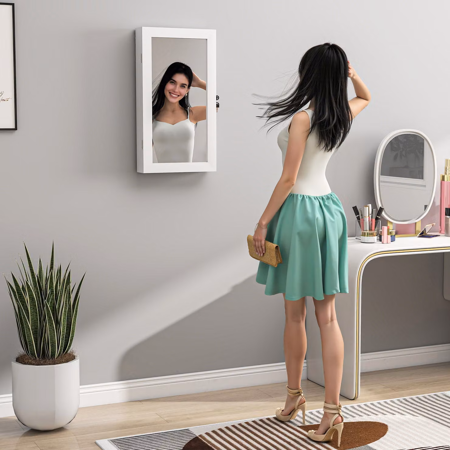 HOMCOM Modern White Jewelry Storage Cabinet with Mirror – 2