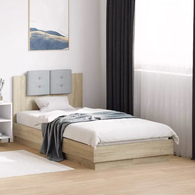 Berkfield Home Sonoma Oak Small Single Bed Frame with LED Under-Bed Lighting and USB Charging Port in Brown, W/D/H: 75 x 190 cm