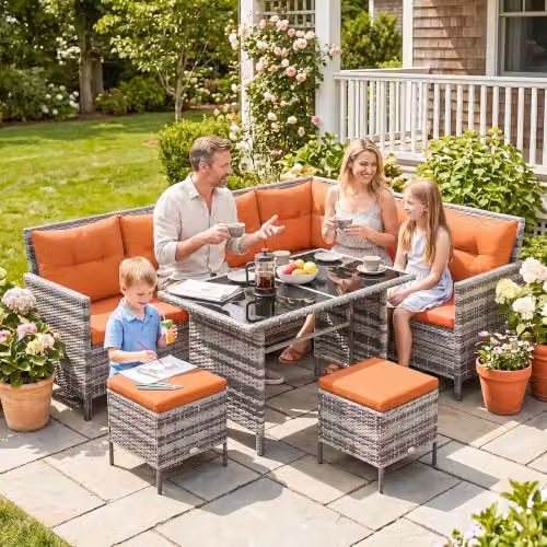 Outsunny 6-Piece L-Shape Polyrattan Garden Furniture Set with Orange Cushions and Coffee Table for 8 Adults – 7